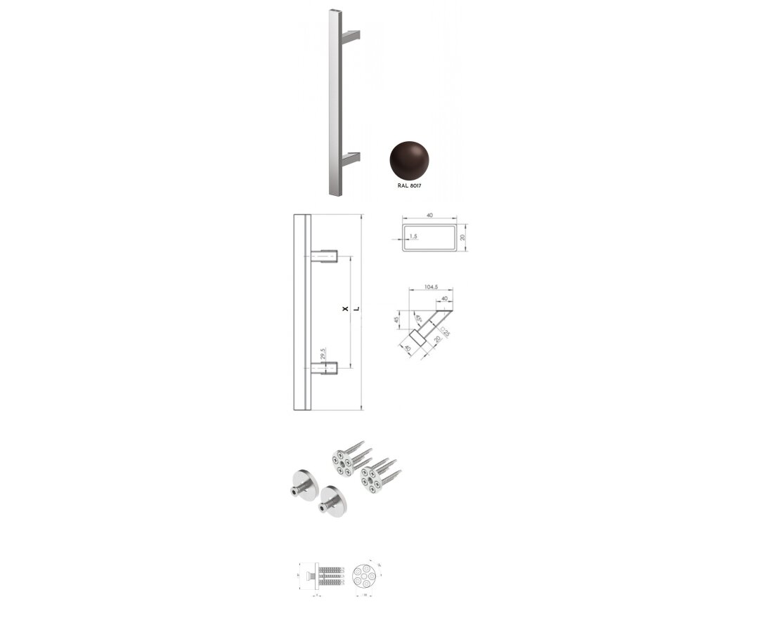 Pochwyt jednostronny Q45RX/Q10 aluminiowy, 40x20 mm, 380/580 mm + Mocowanie pochwytu za pomocą blaszki do profili PCV- fot-