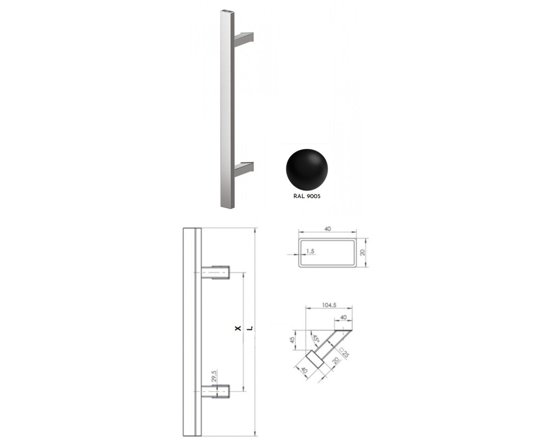 Pochwyt obustronny Q45RX/Q10 aluminiowy lakier, 40x20 mm, 1000/1200 mm- fot-