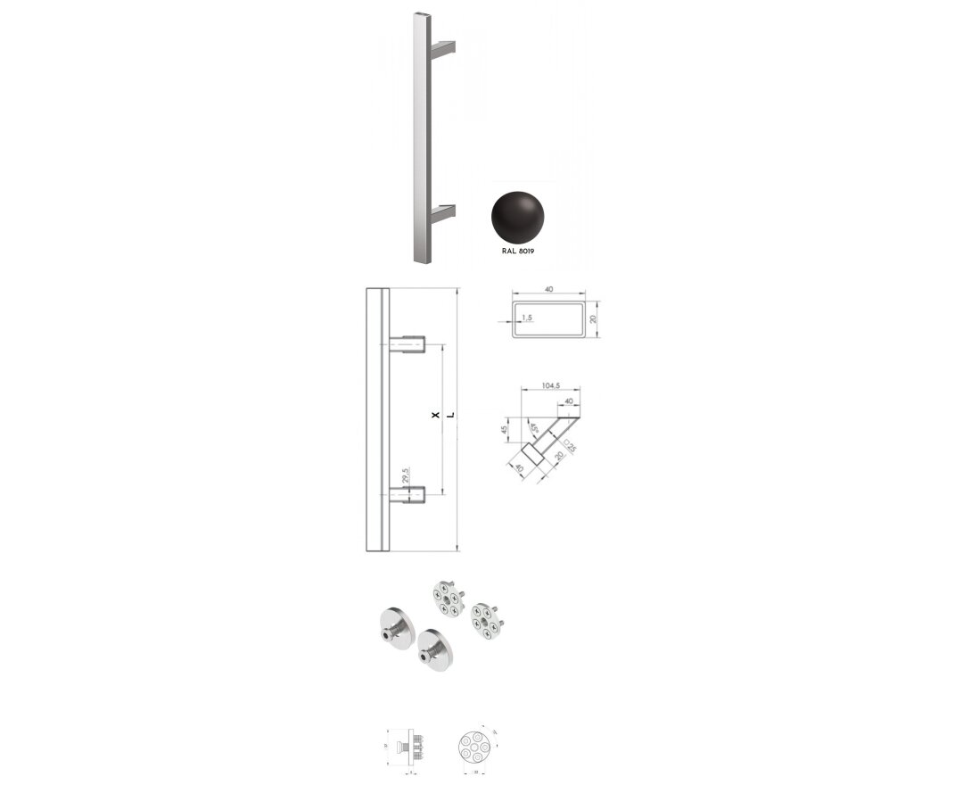 Pochwyt jednostronny Q45RX/Q10 aluminiowy, 40x20 mm, 600/800 mm + Mocowanie pochwytu za pomocą blaszki do profili ALU- fot-