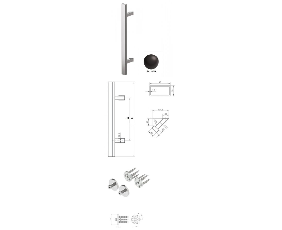 Pochwyt jednostronny Q45RX/Q10 aluminiowy, 40x20 mm, 380/580 mm + Mocowanie pochwytu za pomocą blaszki do profili PCV- fot-