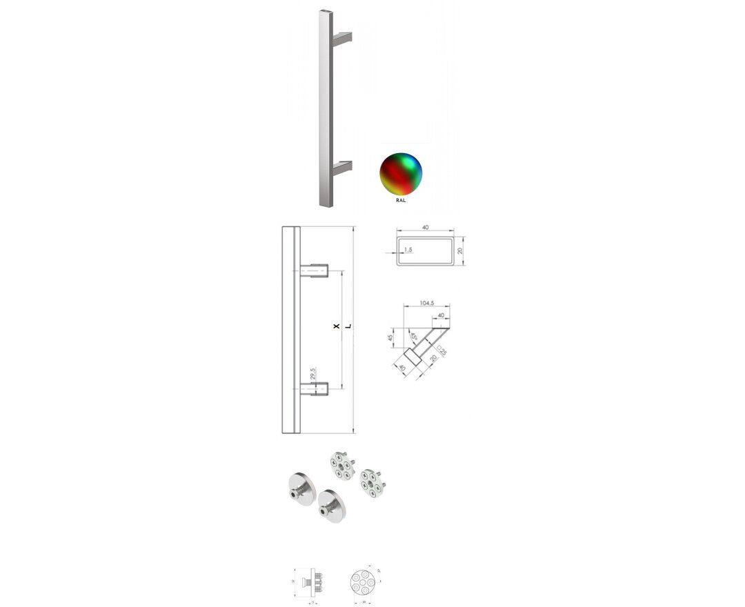 Pochwyt jednostronny Q45RX/Q10 aluminiowy, 40x20 mm, 1300/1800 mm + Mocowanie pochwytu za pomocą blaszki do profili ALU- fot-