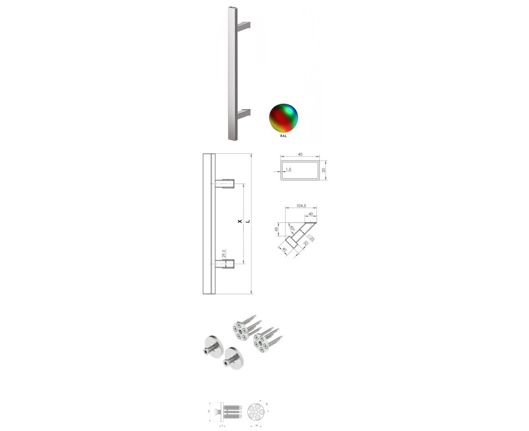 Pochwyt jednostronny Q45RX/Q10 aluminiowy, 40x20 mm, 1300/1800 mm + Mocowanie pochwytu za pomocą blaszki do profili PCV- fot-