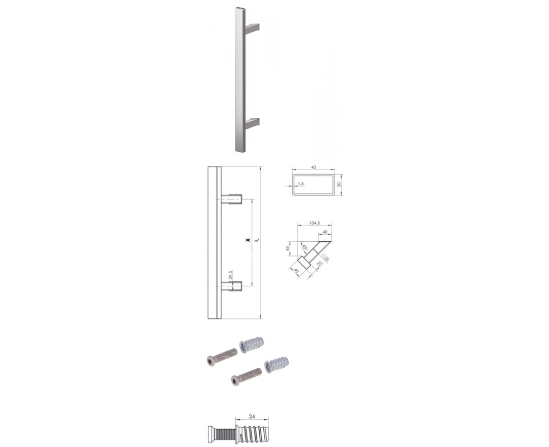 Pochwyt jednostronny Q45RX/Q10 gat. 304, 40x20 mm, 1000/1200 mm + Mocowanie jednostronne MUFA do drewna- fot-