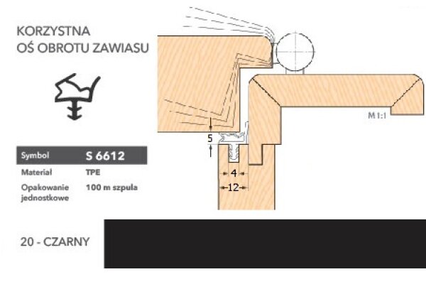 Uszczelka do drzwi wewnętrznych S6612 - 100 m Deventer Czarny