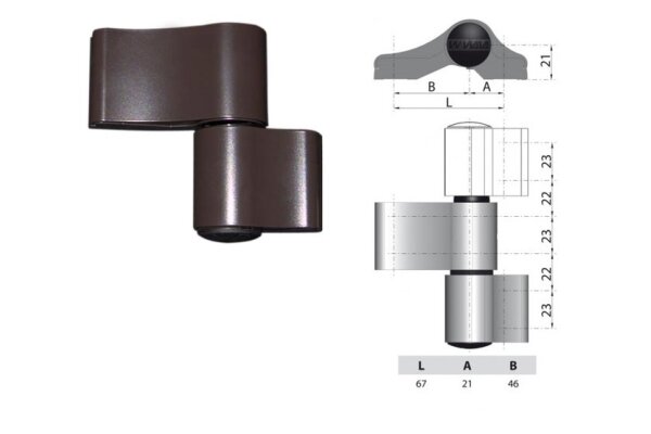 Zawias do drzwi Alu dwuczęściowy niesymetryczny 67 mm WALA Brązowy