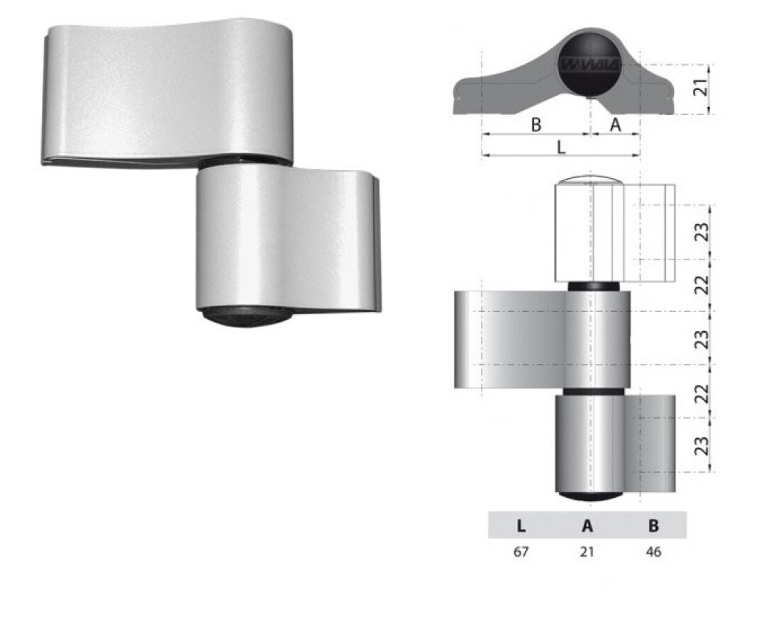 Zawias do drzwi Alu dwuczęściowy niesymetryczny 67 mm- fot-