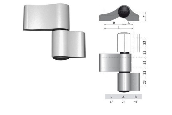 Zawias do drzwi Alu dwuczęściowy niesymetryczny 67 mm WALA Srebrny